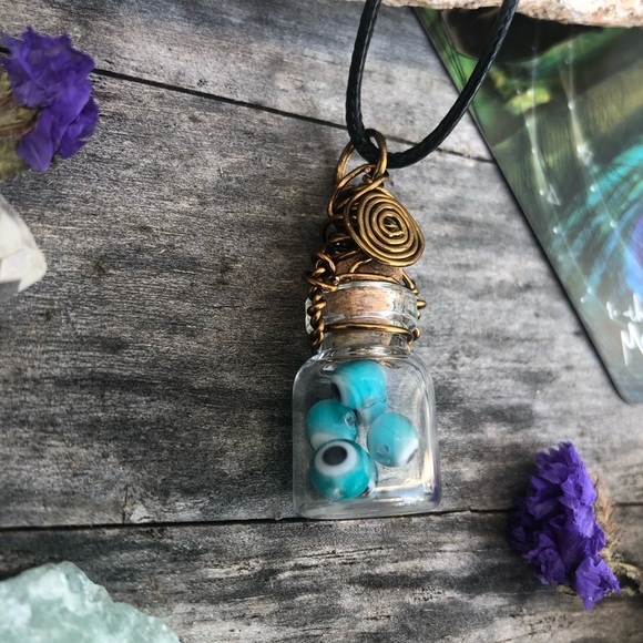 Evil Eye Protection Bottle Necklace Wire Wrapped - in Vintage Bronze Wire - Picture 7 of 11